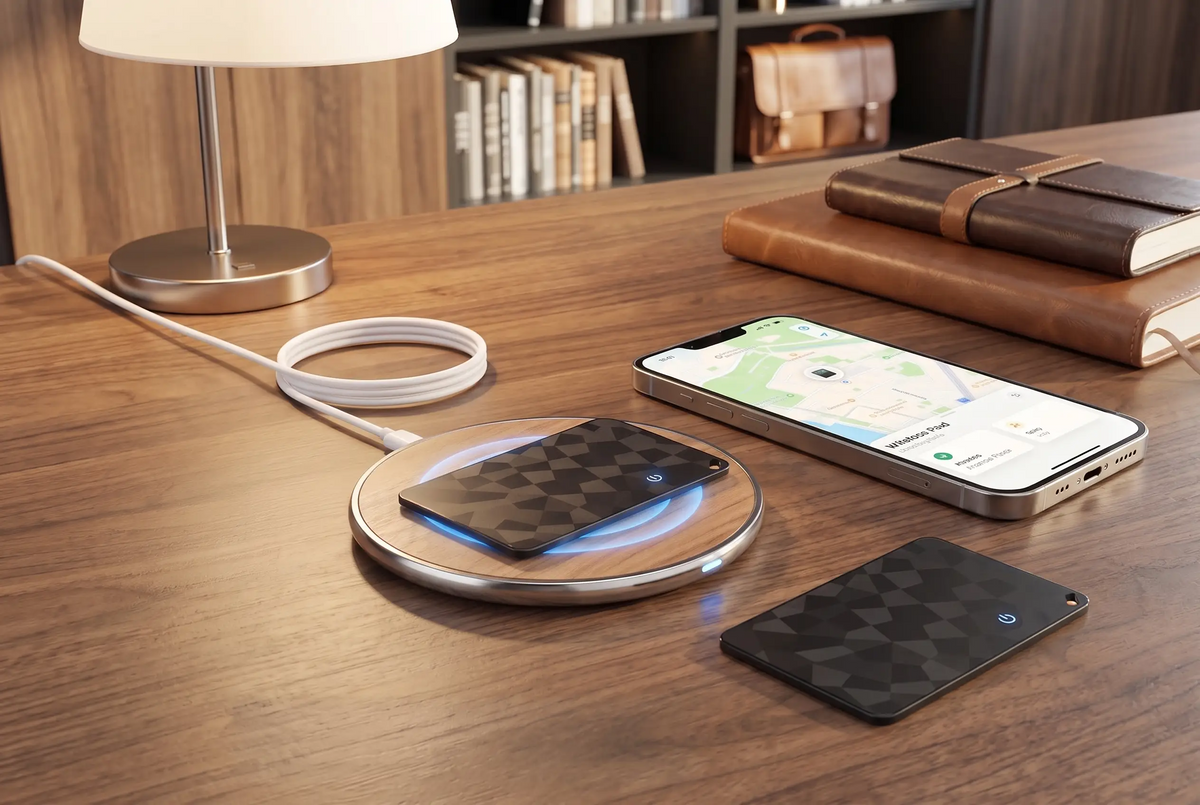 Locaro Tracker Karte beim kabellosen laden neben einem Smartphone 